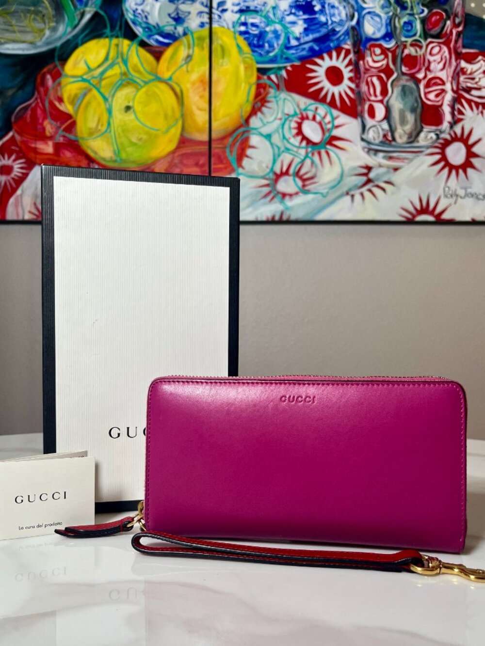Gucci Pink Leather Zip Around Wallet Wristlet + Box